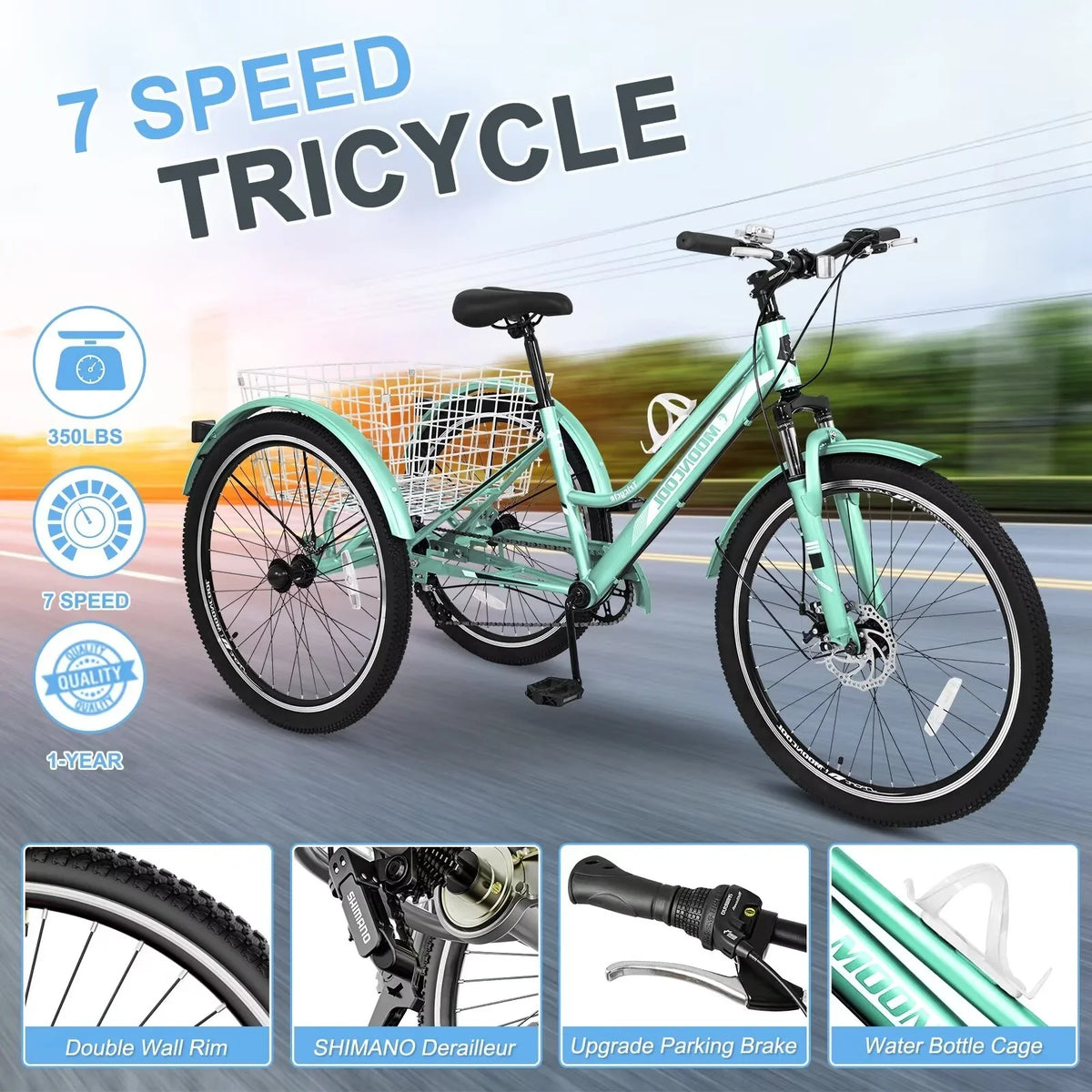 MOPHOTO Adults Mountain Tricycles; 24"/26"/27.5" 7-Speed Heavy Duty Trikes w/Spacious Basket 3-Wheeled Bike for Adventurous Rides; Shopping; Exercise; and Recreation