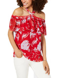 Tommy Hilfiger Womens Off the Shoulder Printed Blouse Red XS