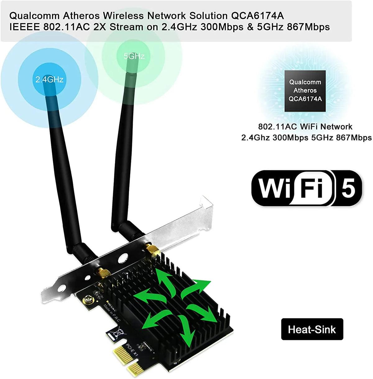Wireless AC Dual Band 1200Mbps 2.4Speed 300Mbps 5Speed 867Mbps PCI Express WiFi Card for Windows 7 8 8.1 10 Server (32/64bit) Desktop PCs-TX Beamformee;MU-MIMO and Heatsink Technology