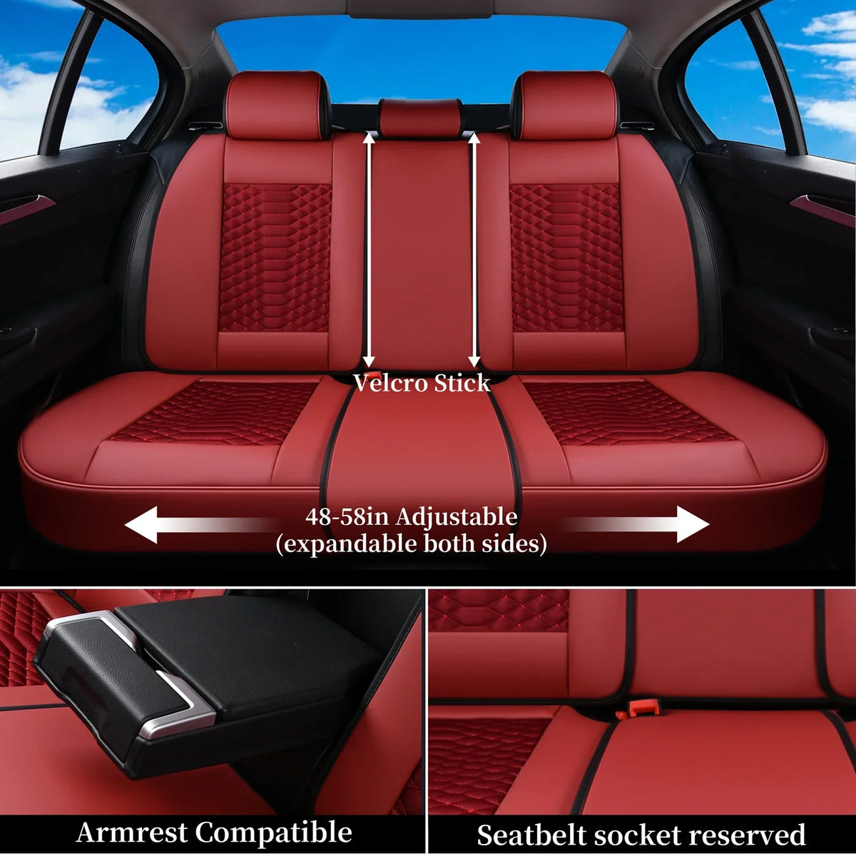 Coverado Red Car Seat Covers for Women; 5 Seats Leather & Fabric Full Set Front Back Auto Seat Protectors; Breathable Car Interior Universal Fit Most Sedans SUV Pickup Trucks