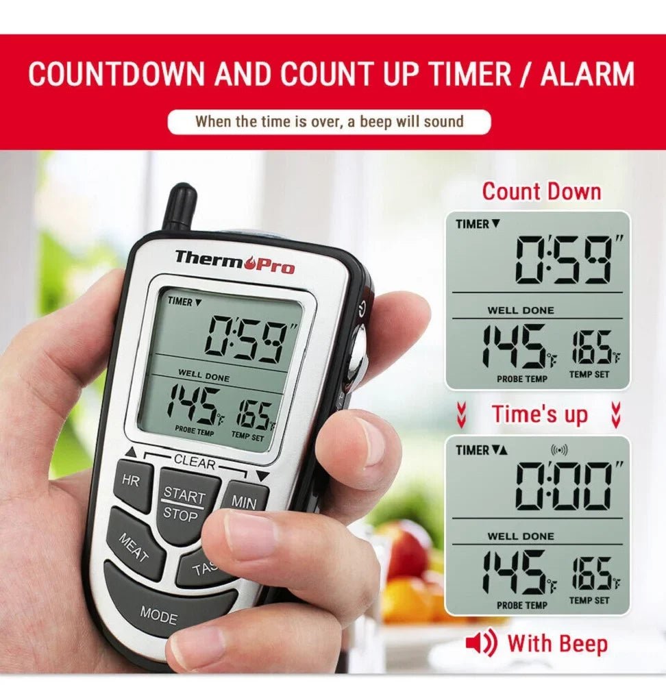 Wireless Remote Thermometer Probe BBQ Grill Meat Kitchen Oven Food Cooking Smoke; ThermoPro; LCD