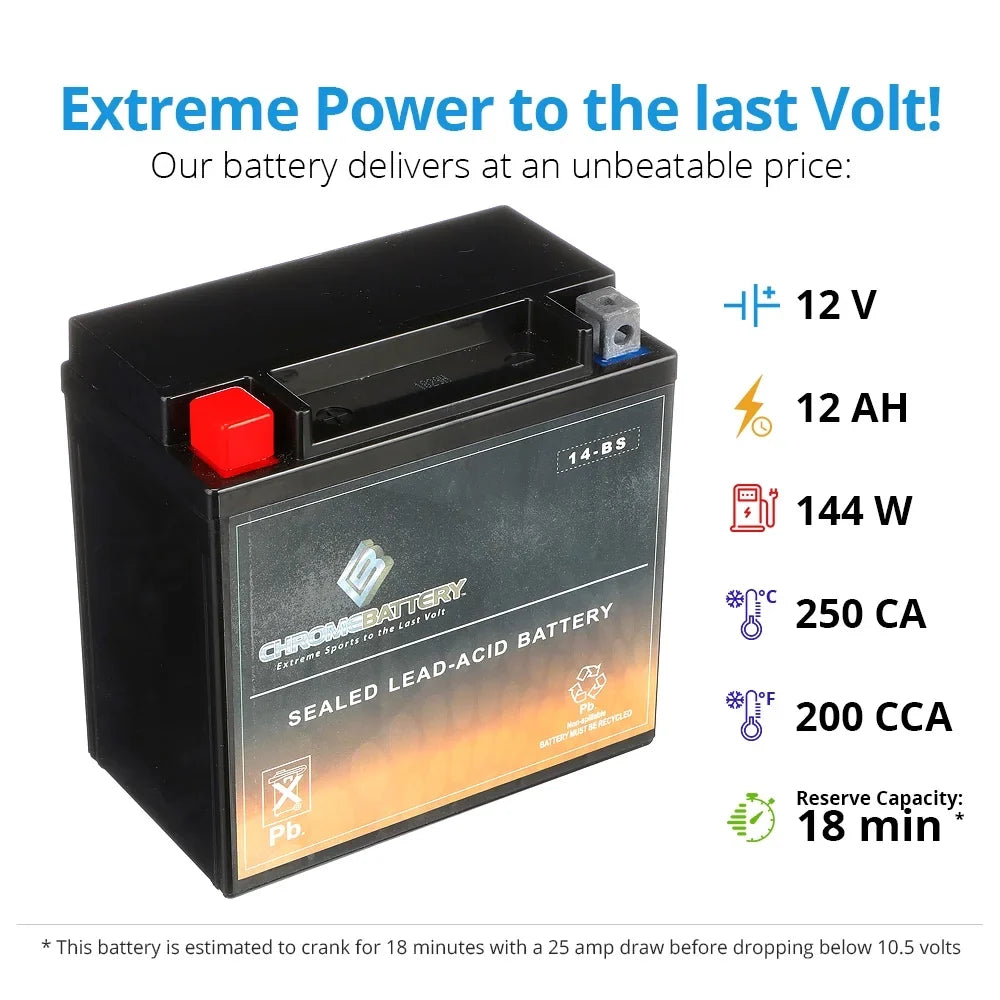 Chrome Battery Ytx14-bs (14-bs 12 Volts;12 Ah; 200 Cca) Sealed AGM Motorcycle Battery for Honda 1100cc Vt1100c; C3; T Shadow (spirit; Aero; A. C. E. Tourer) 2004