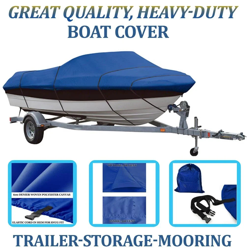BLUE; GREAT QUALITY BOAT COVER Compatible for Aluminum Bass Boat and V-Hull and Tri-Hull Bowrider 16'-17' Length; Beam width up to 90"