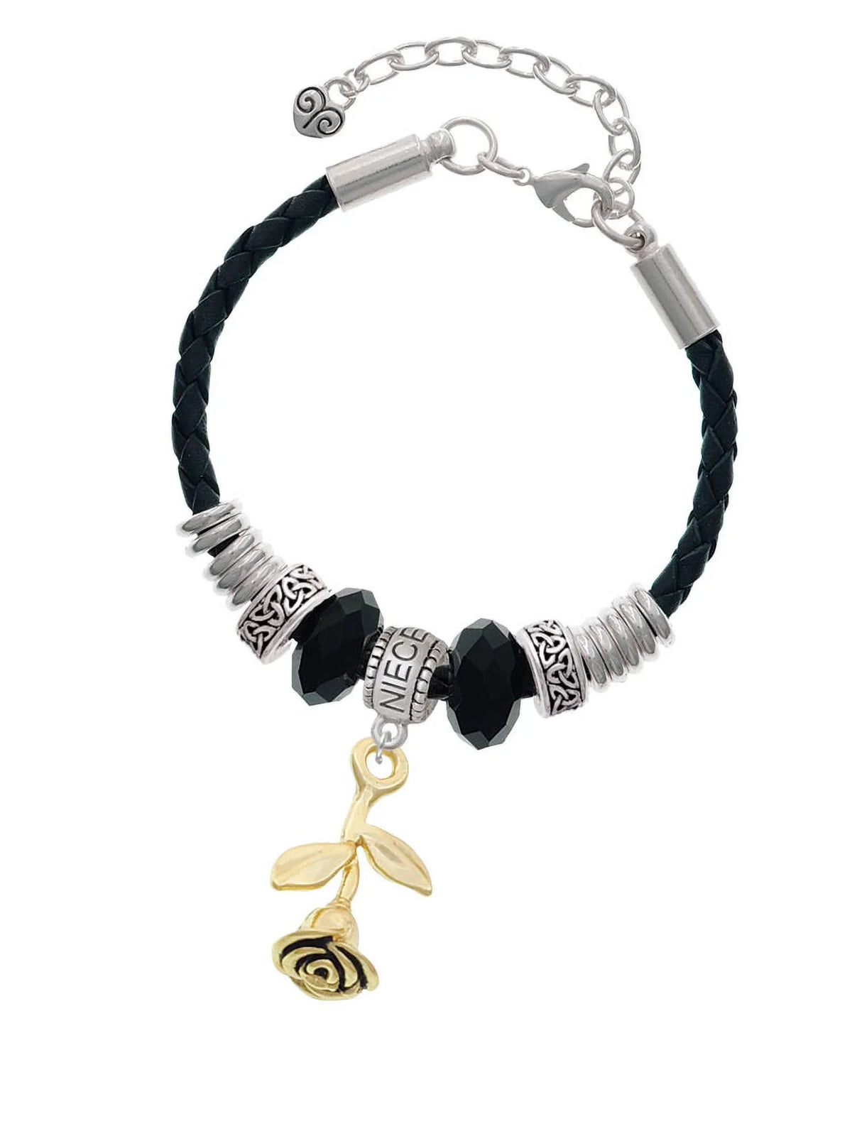 Delight Jewelry Goldtone Stemmed Rose Niece Celtic Knot Leather Bead Bracelet; 7"+2" Extender