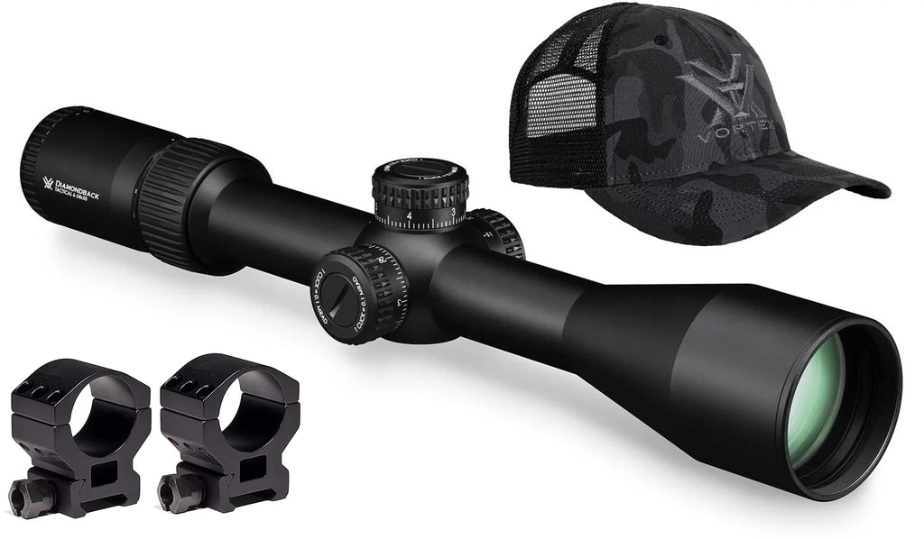Vortex Optics Diamondback Tactical 6-24x50 FFP EBR-2C (MRAD) Riflescope with Vortex High Rings (1.18in; 30mm) and Free Hat Bundle