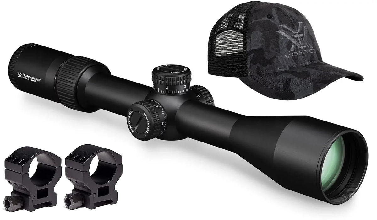 Vortex Optics Diamondback Tactical 6-24x50 FFP EBR-2C (MRAD) Riflescope with Vortex High Rings (1.18in; 30mm) and Free Hat Bundle