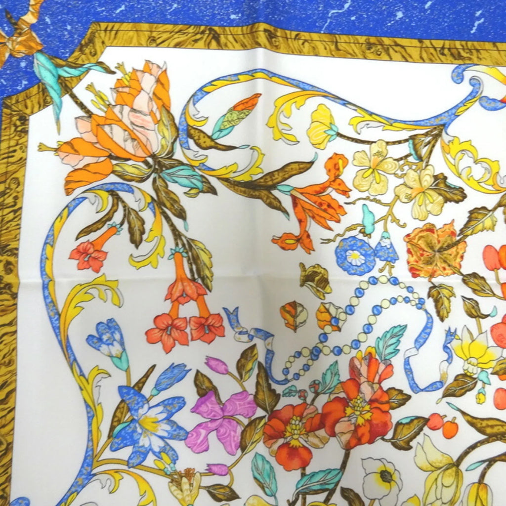 Hermes Carre 90 PIERRES D’ ORIENT ET OCCIDENT Oriental stone and Western stonework Women’s Scarf Muffler 100% Silk White/Blue (Like New)