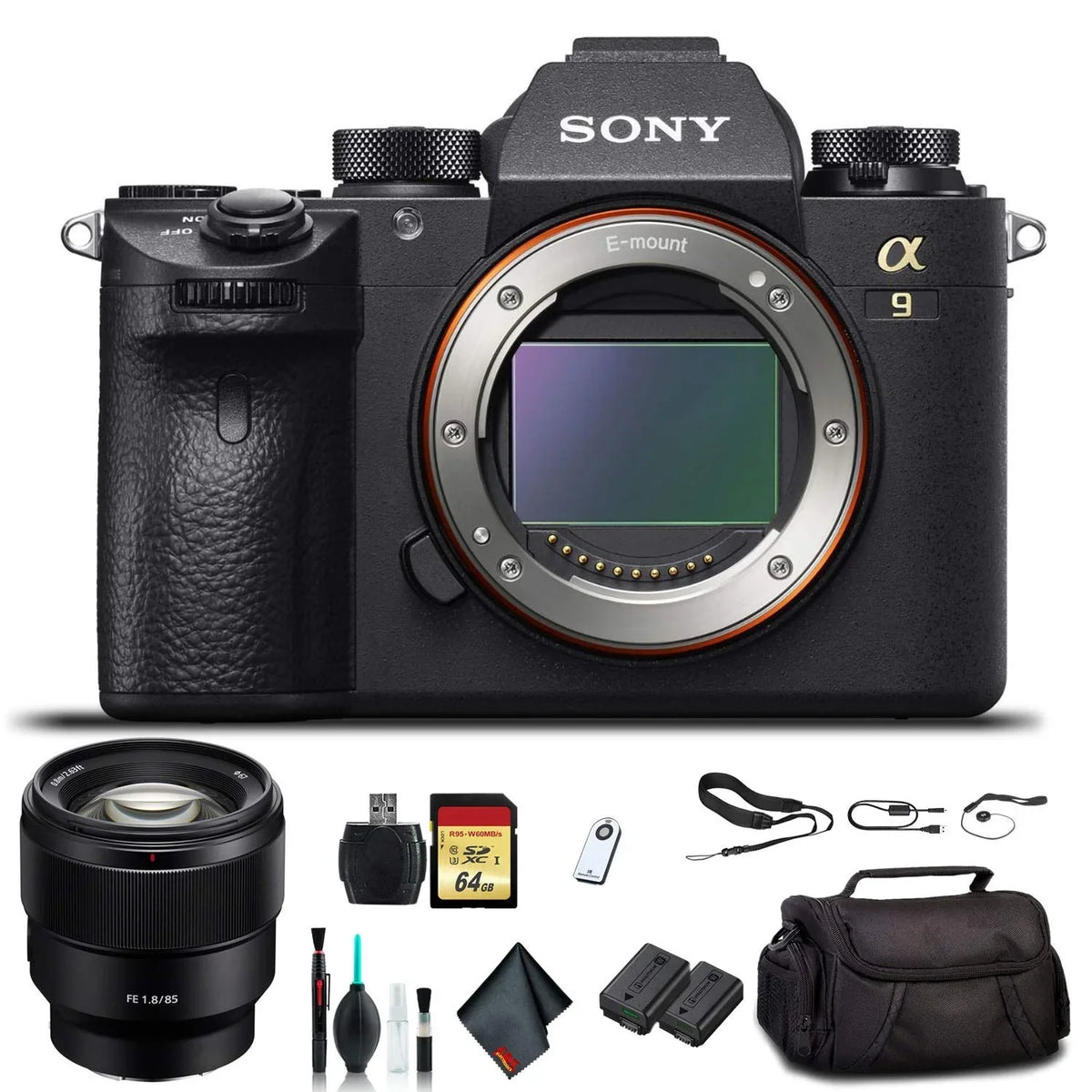 Sony Alpha a9 Mirrorless Camera ILCE9/B With Sony FE 24-70mm Lens; Soft Bag; Additional Battery; 64GB Memory Card; Card Reader ; Plus Essential Accessories
