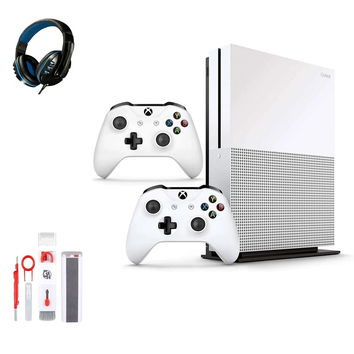 Microsoft Xbox One S 500GB with 2 Controller; 4K Ultra HD White with BOLT AXTION Cleaning Kit Headset Bundle Like New