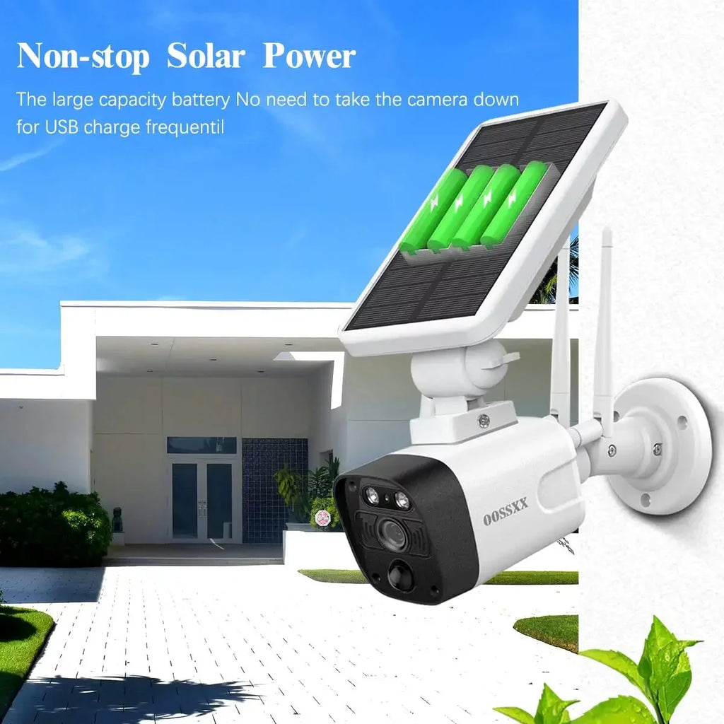 {100% Wire-Free Solar Powered} 2pcs camera system; 2-Way Audio with Dual Antennas; 2K 3.0MP Solar Powered Wireless Camera with Rechargeable Batteries