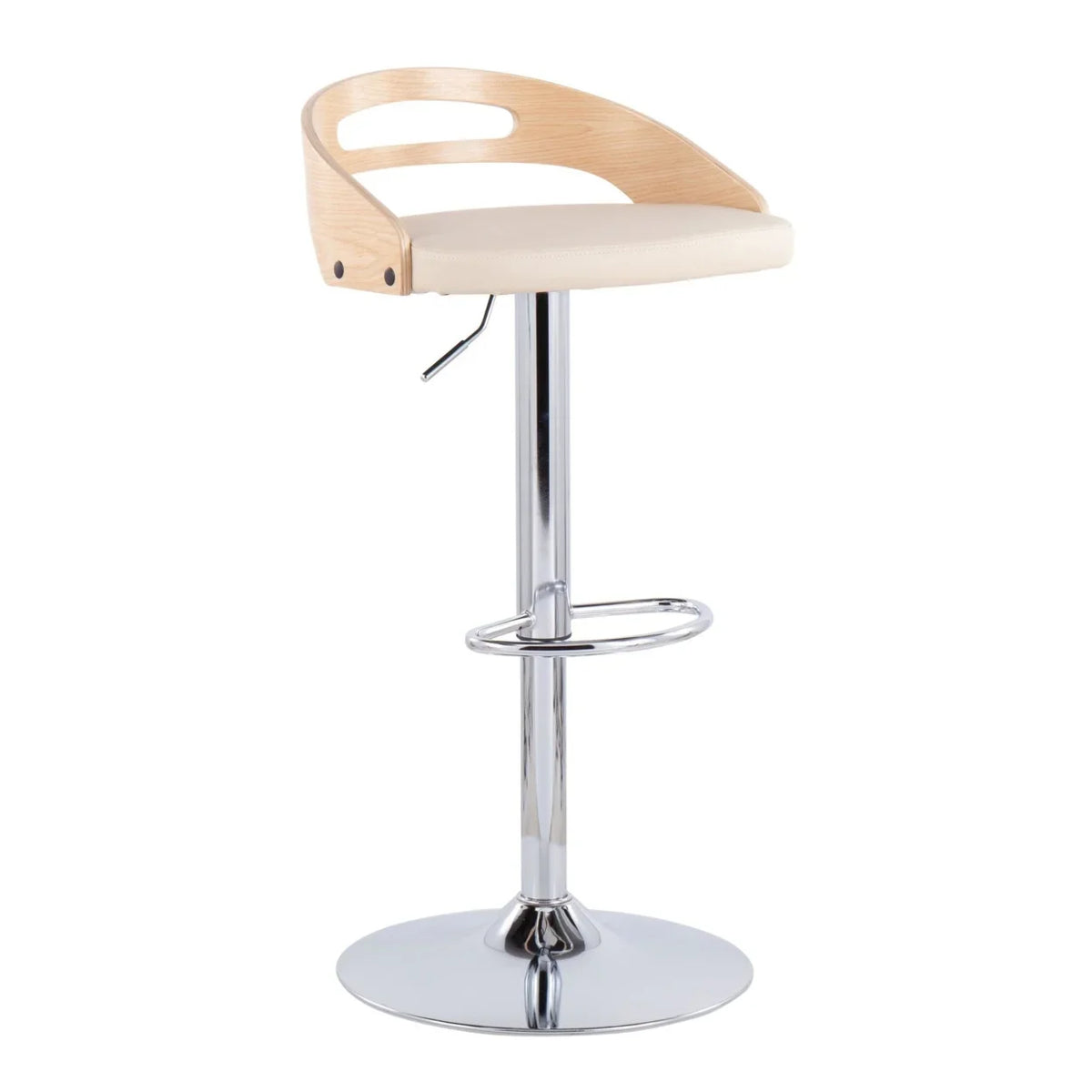 Cassis Mid-Century Modern Adjustable Barstool With Swivel In Natural Wood And Cream Faux Leather