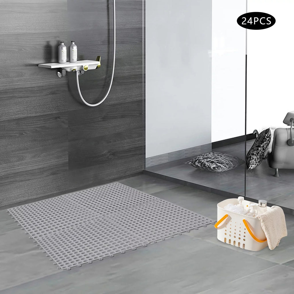24PCs 11.8*11.8" Interlocking Nonslip Bath Mat;Soft Gray PVC Shower Floor Mat with Drainage Holes for Bathroom; Kitchen; Pool