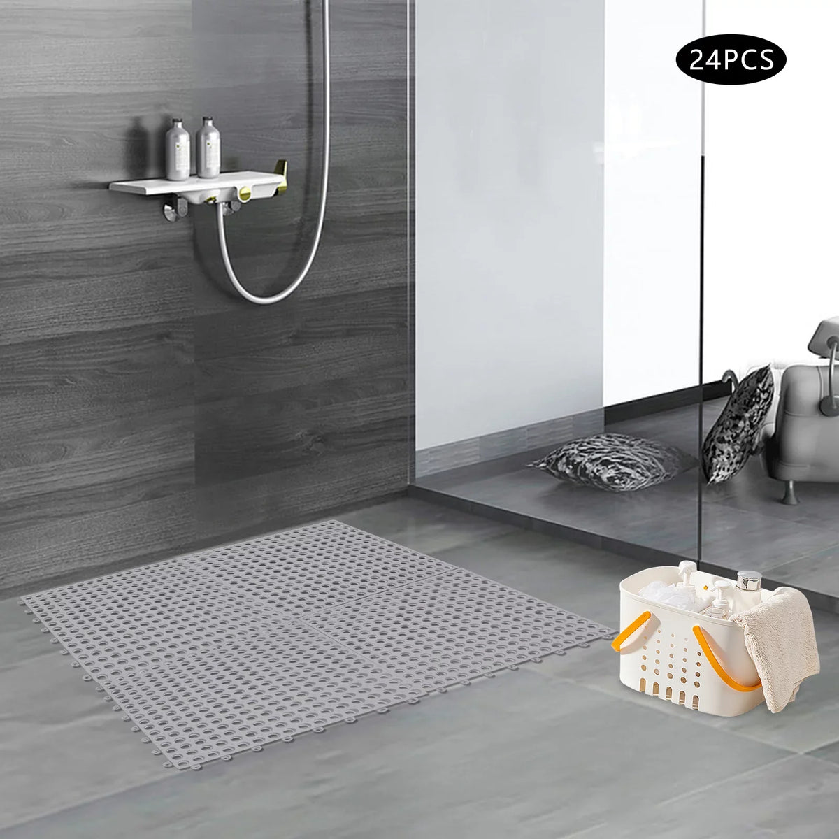 24PCs 11.8*11.8" Interlocking Nonslip Bath Mat;Soft Gray PVC Shower Floor Mat with Drainage Holes for Bathroom; Kitchen; Pool