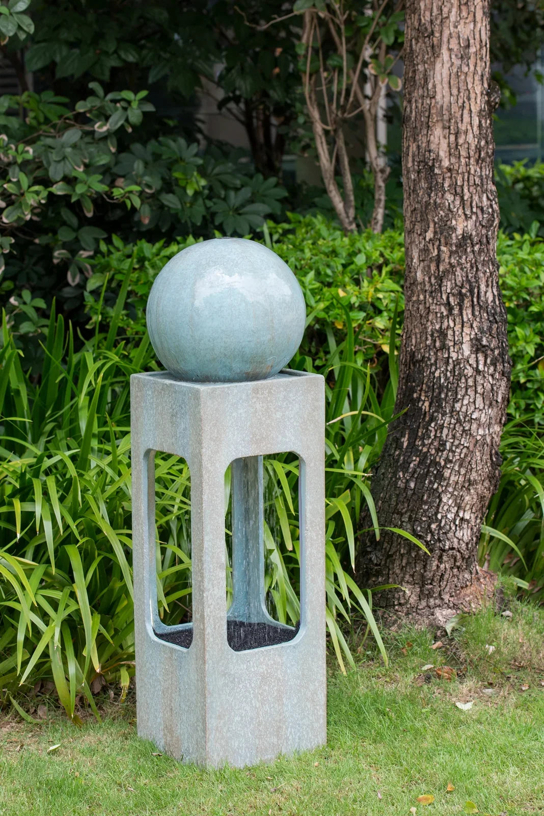 CoSoTower 13X13X44" Tall Contemporary Sphere Outdoor Fountain; Cement/Concrete Outdoor Fountain; Antique Blue Raindrop Feature with Light for Garden; Lawn; Deck & Patio