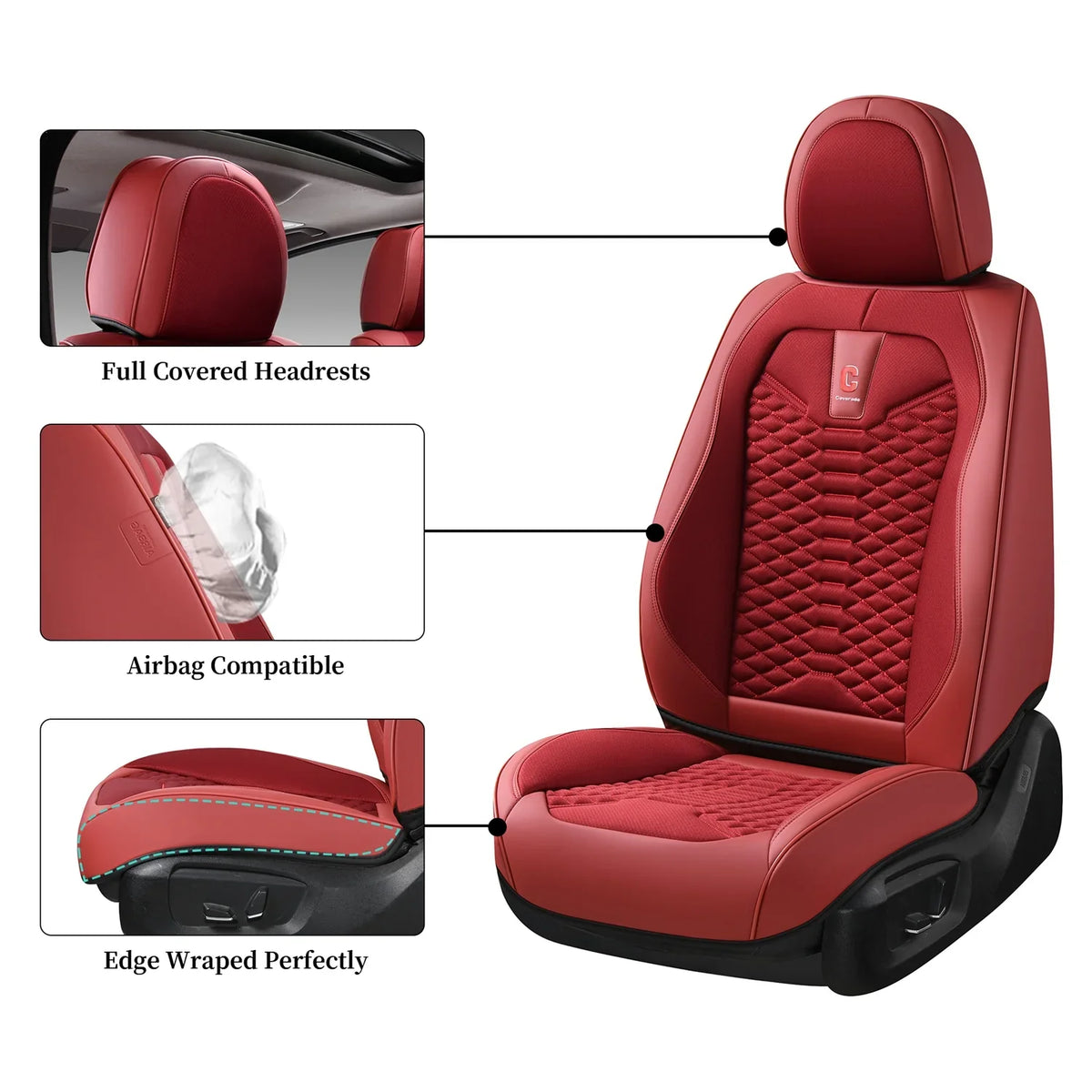 Coverado Red Car Seat Covers for Women; 5 Seats Leather & Fabric Full Set Front Back Auto Seat Protectors; Breathable Car Interior Universal Fit Most Sedans SUV Pickup Trucks