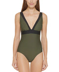 DKNY MOSS GREEN Plunging Colorblocked One-Piece Swimsuit; US 14