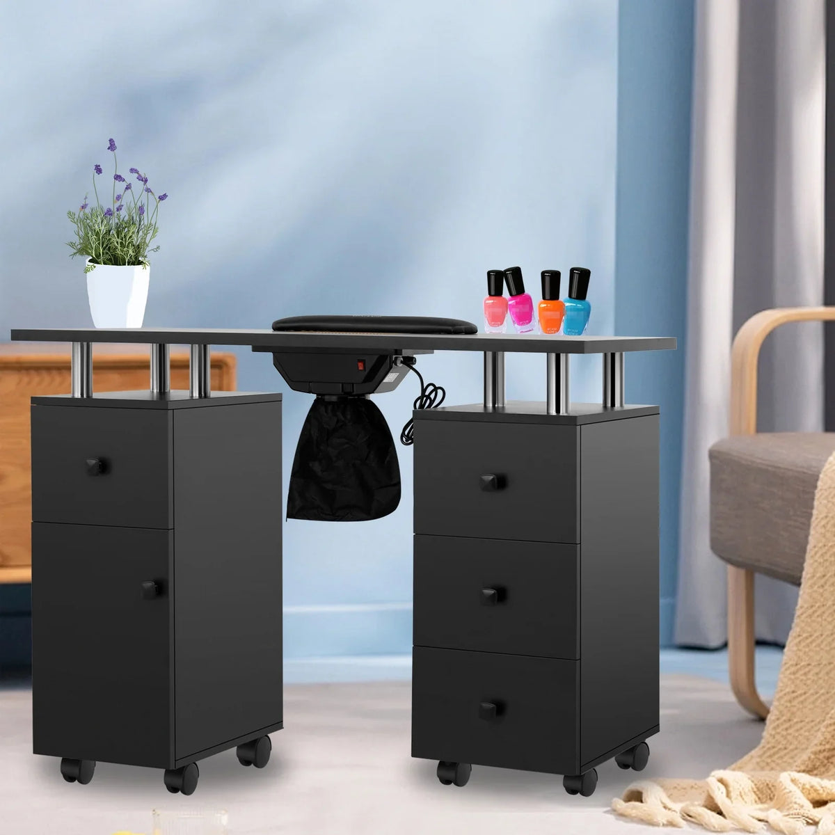 LUXMARS Manicure Table Nail Desk for Technician; Nail Table w/ Electric Dust Collector & Wrist Rest Cushion; Acetone Resistant Nail Table Station w/Lockable Wheels & Drawers & Cabinet - Black