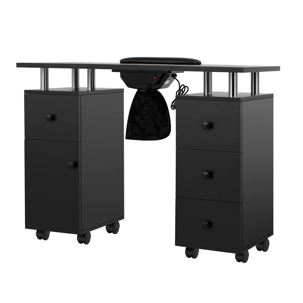LUXMARS Manicure Table Nail Desk for Technician; Nail Table w/ Electric Dust Collector & Wrist Rest Cushion; Acetone Resistant Nail Table Station w/Lockable Wheels & Drawers & Cabinet - Black