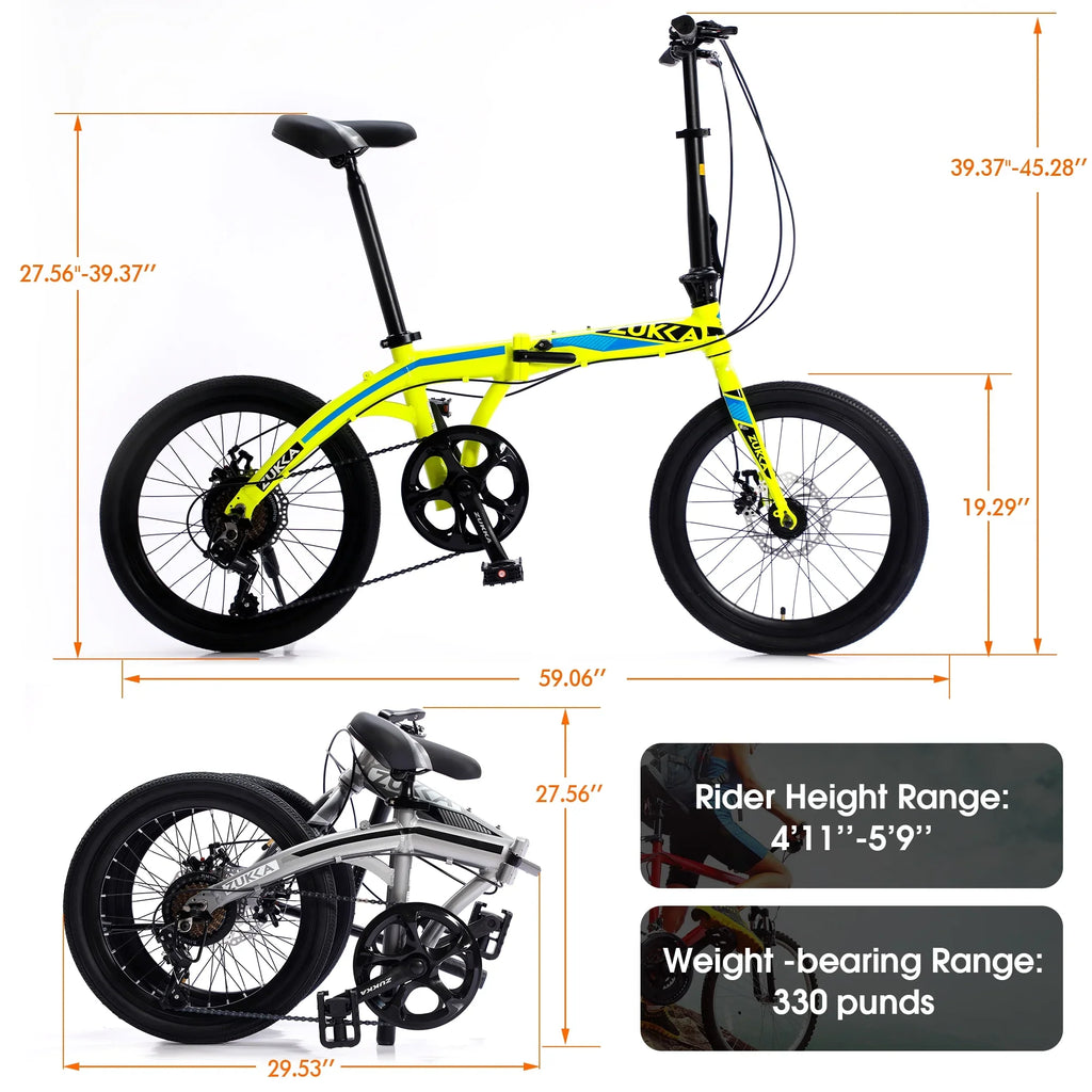 20" Folding Bike; 8 Speed City Bike; Aluminium Alloy Frame; Yellow