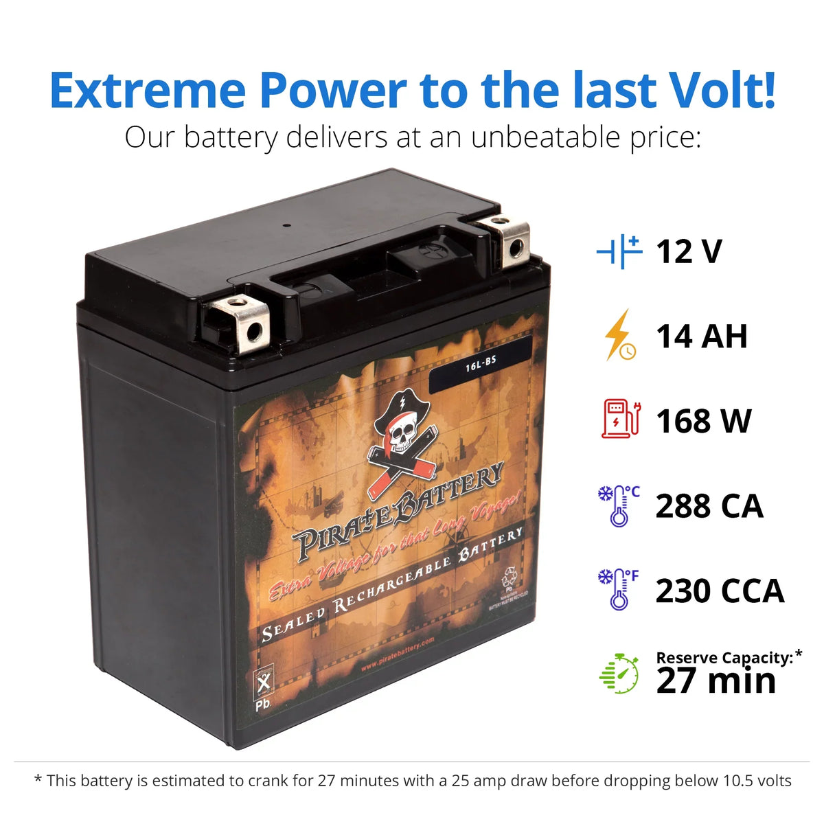Pirate Battery YTX16L-BS (16L-BS 12 Volt;14 Ah; 230 CCA) Jet Ski Battery for Kawasaki 650cc Jf650 X2 1987