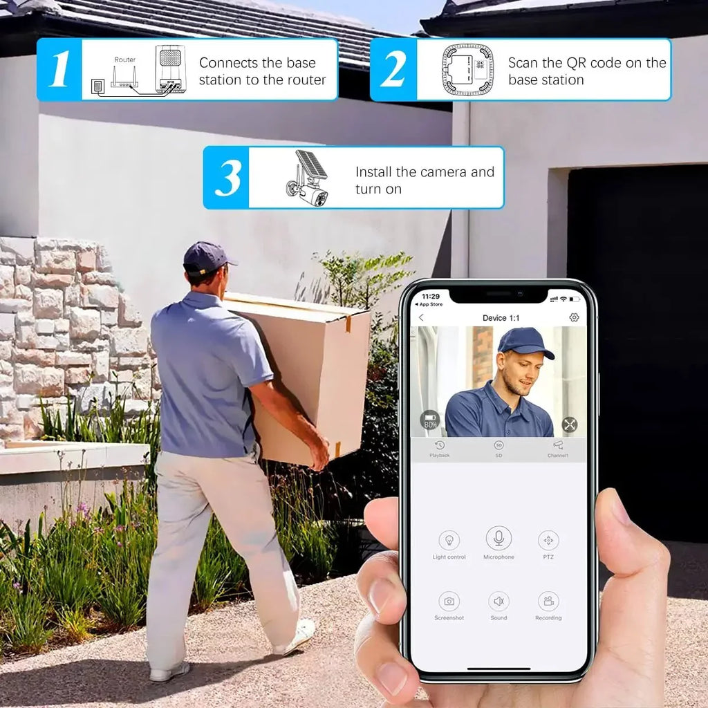 {100% Wire-Free Solar Powered} 2pcs camera system; 2-Way Audio with Dual Antennas; 2K 3.0MP Solar Powered Wireless Camera with Rechargeable Batteries