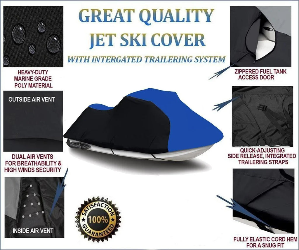 BLACK / BLUE HEAVY-DUTY; TOP OF THE LINE Jet Ski Cover Compatible for Yamaha WaveRunner XLT 800 2002 2003 2004