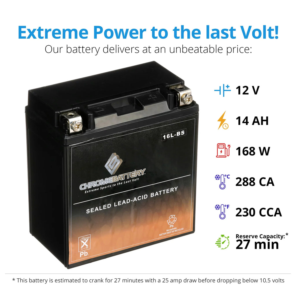 Chrome Battery YTX16L-BS (16L-BS 12 Volt;14 Ah; 230 CCA) Jet Ski Battery for Kawasaki 550cc Js550 Sx 1995