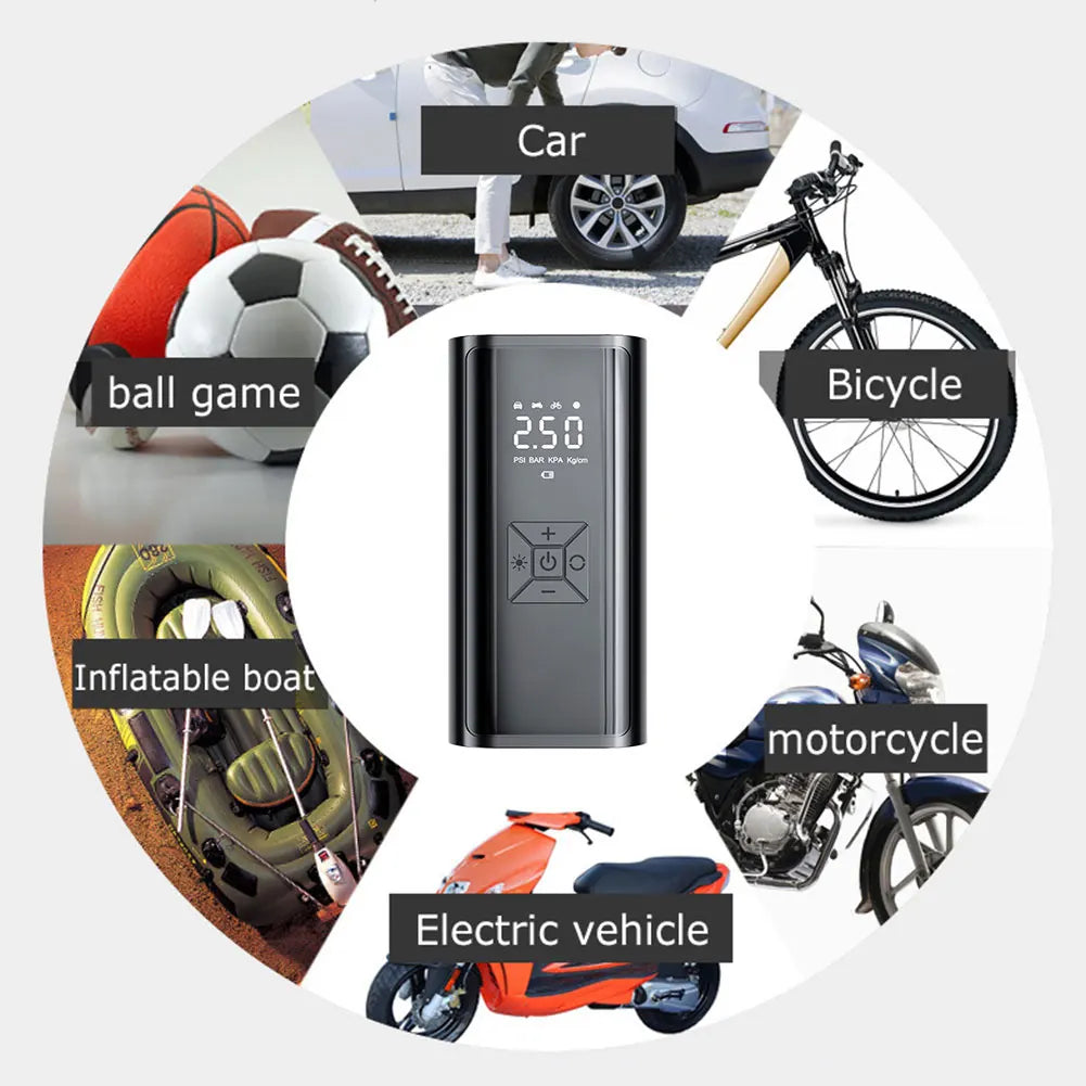 PowerCleany™ Electric Air Pump for Inflatables; Portable Air Compressor for Car Tires; Bicycles; Balls; Air Mattresses and Inflatable Boats; Emergency LED Light; Cordless Tire Inflator and Power Bank