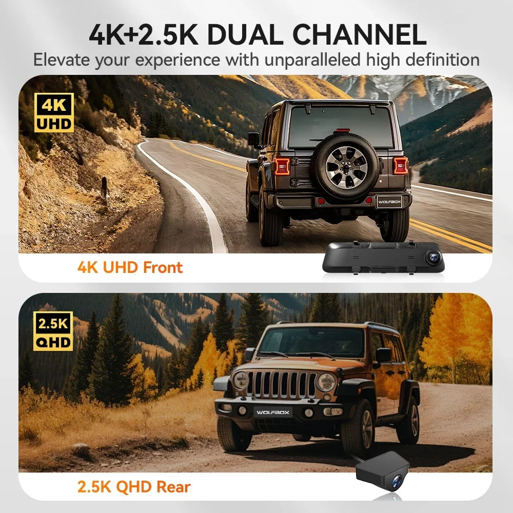 WOLFBOX 12" Rear View Mirror Dash Cam; 4K Mirror Dash Cam Front and 2.5K Rear Camera; Rearview Dash Camera for Car with WDR; Night Vision; Free 64GB Card & GPS