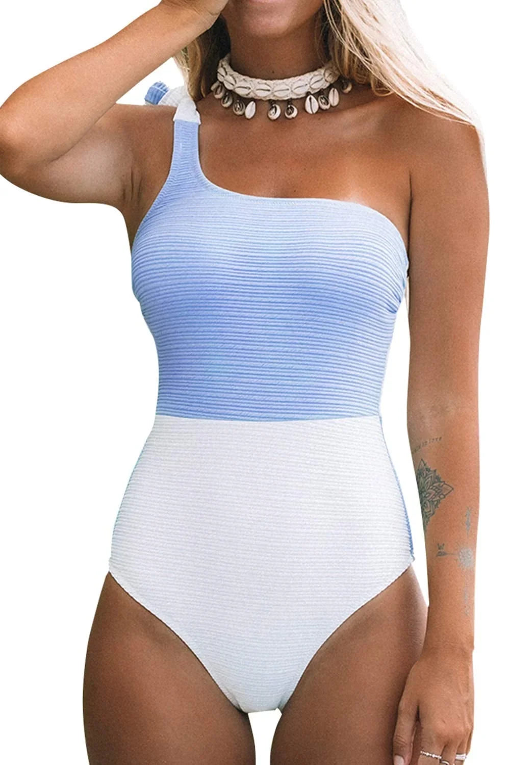 Cupshe Women's Blue Color Block One Shoulder Bowknot Tie One-Piece Swimsuit; XL