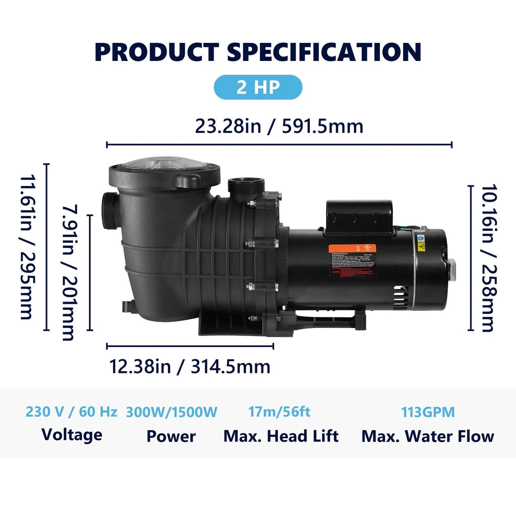 SKYSHALO Swimming Pool Pump; 2 HP 230 V; 1500 W Double Speed Pump for in/Above Ground Pool w/ Strainer Basket; 5520 GPH Max. Flow; Certification of ETL for Security