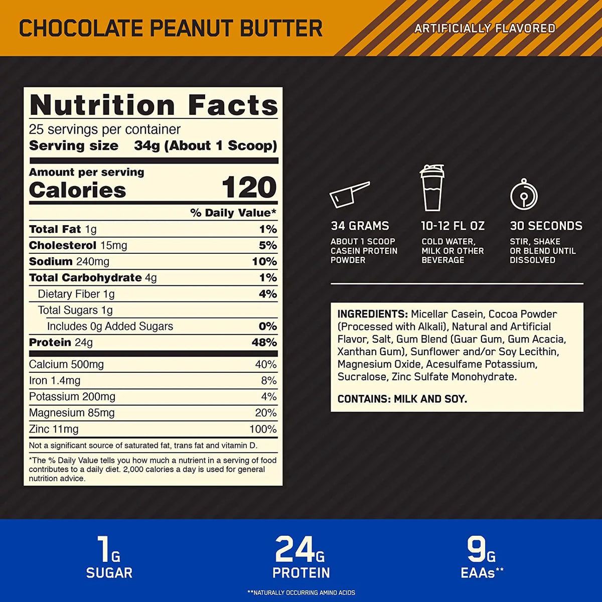 Optimum Nutrition; Gold Standard 100% Casein; 24g Protein Powder; Chocolate Peanut Butter; 1.87 lb
