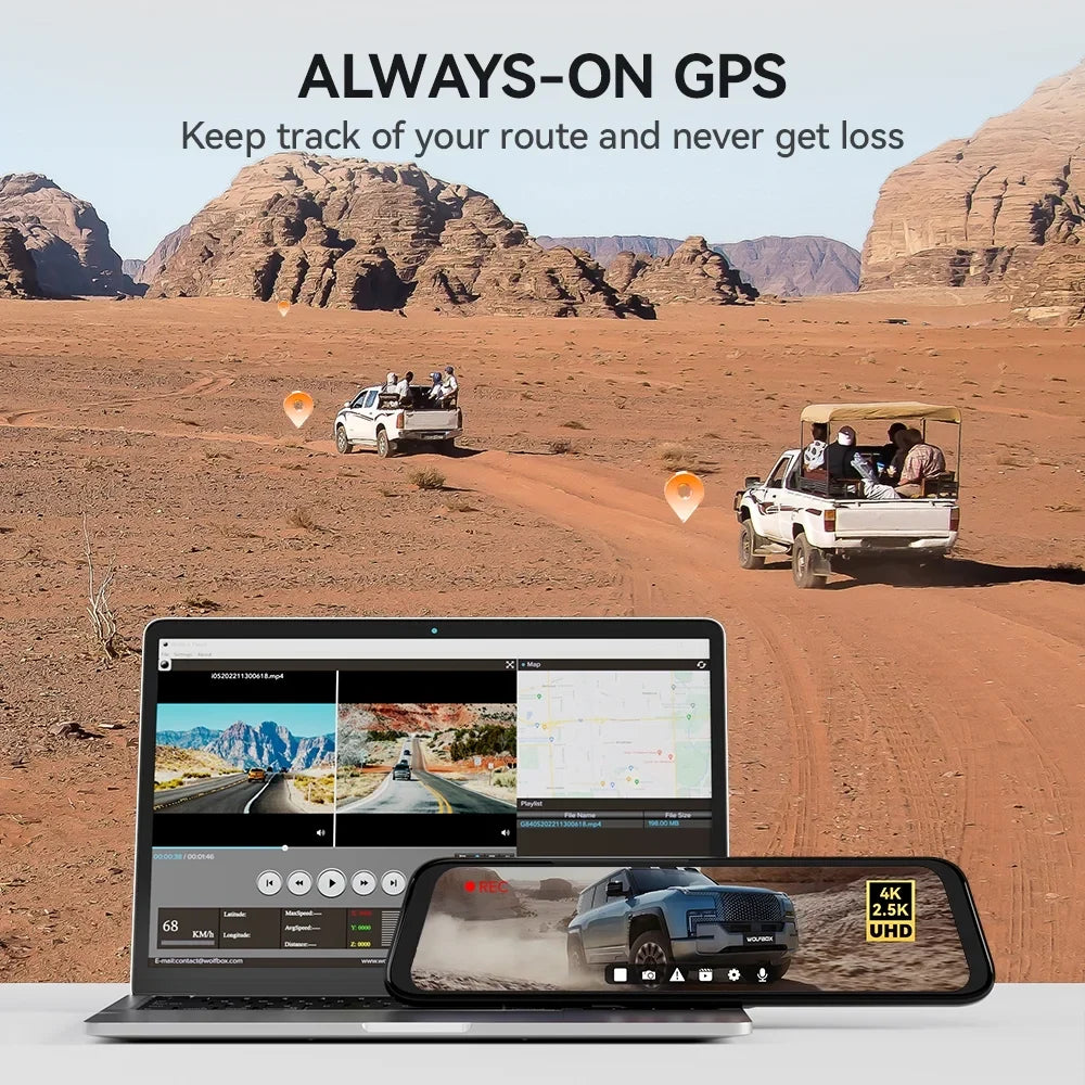 WOLFBOX 12" Rear View Mirror Dash Cam; 4K Mirror Dash Cam Front and 2.5K Rear Camera; Rearview Dash Camera for Car with WDR; Night Vision; Free 64GB Card & GPS
