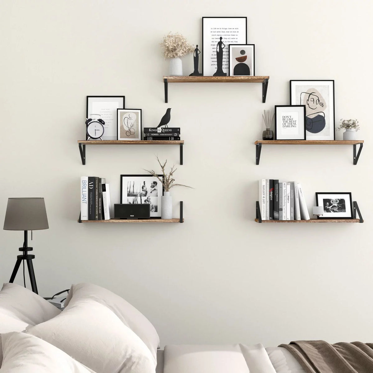 Wallniture Ponza 24" Wall Mounted Rustic Floating Shelf with Brackets for Kitchen Living Room Bedroom; Natural Burned; Set of 5