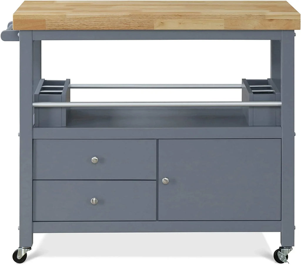 Anson Kitchen Island Bar Cart With Storage; Butcher Block Table; Rolling Wheels And Portable Cabinet Organization For Home Apartment ; Gray