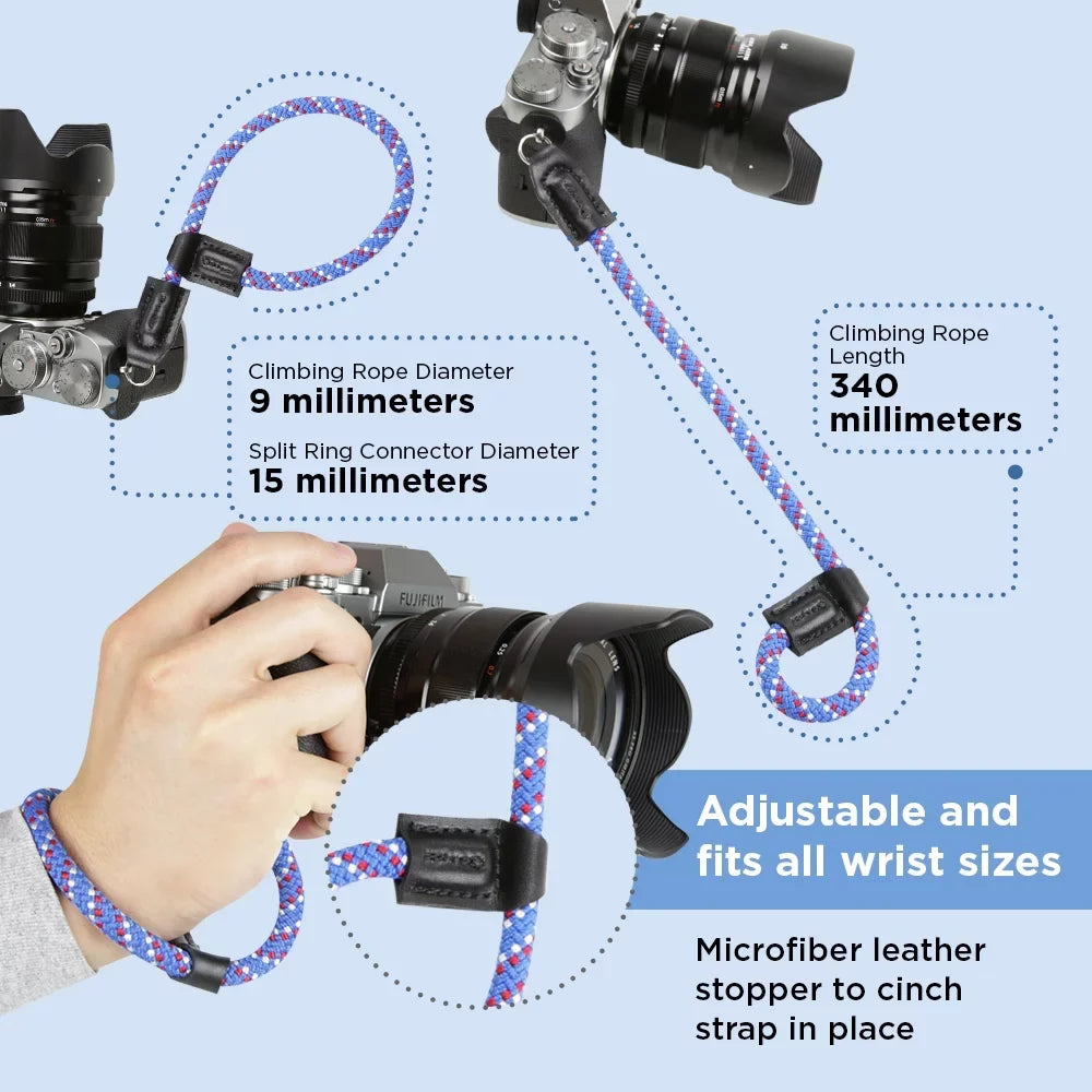 Foto&Tech Climbing Rope Camera Wrist Strap Quick Release Made in US Compatible with Sony A6600 A6500 A6400 A6000 A6300 A6100 A5100 A5000;RX1 R;RX1 R II;RX10;RX10 II;RX10 III;RX10 IV (34cm;Red/Blue/WT)