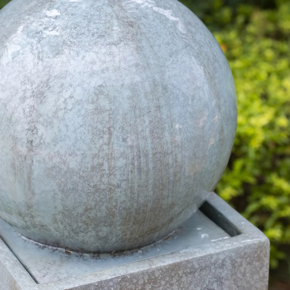 CoSoTower 13X13X44" Tall Contemporary Sphere Outdoor Fountain; Cement/Concrete Outdoor Fountain; Antique Blue Raindrop Feature with Light for Garden; Lawn; Deck & Patio