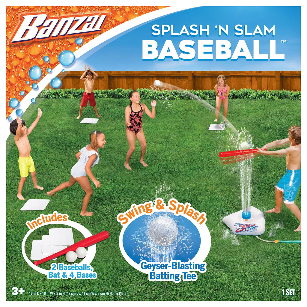 Banzai Splash & Slam Baseball - Tee & Sprinkler Sports Game - Includes Plastic Bat + 2 Plastic Balls + Home Plate & Bases; ; Backyard Batting Practice; Kids Ages 3