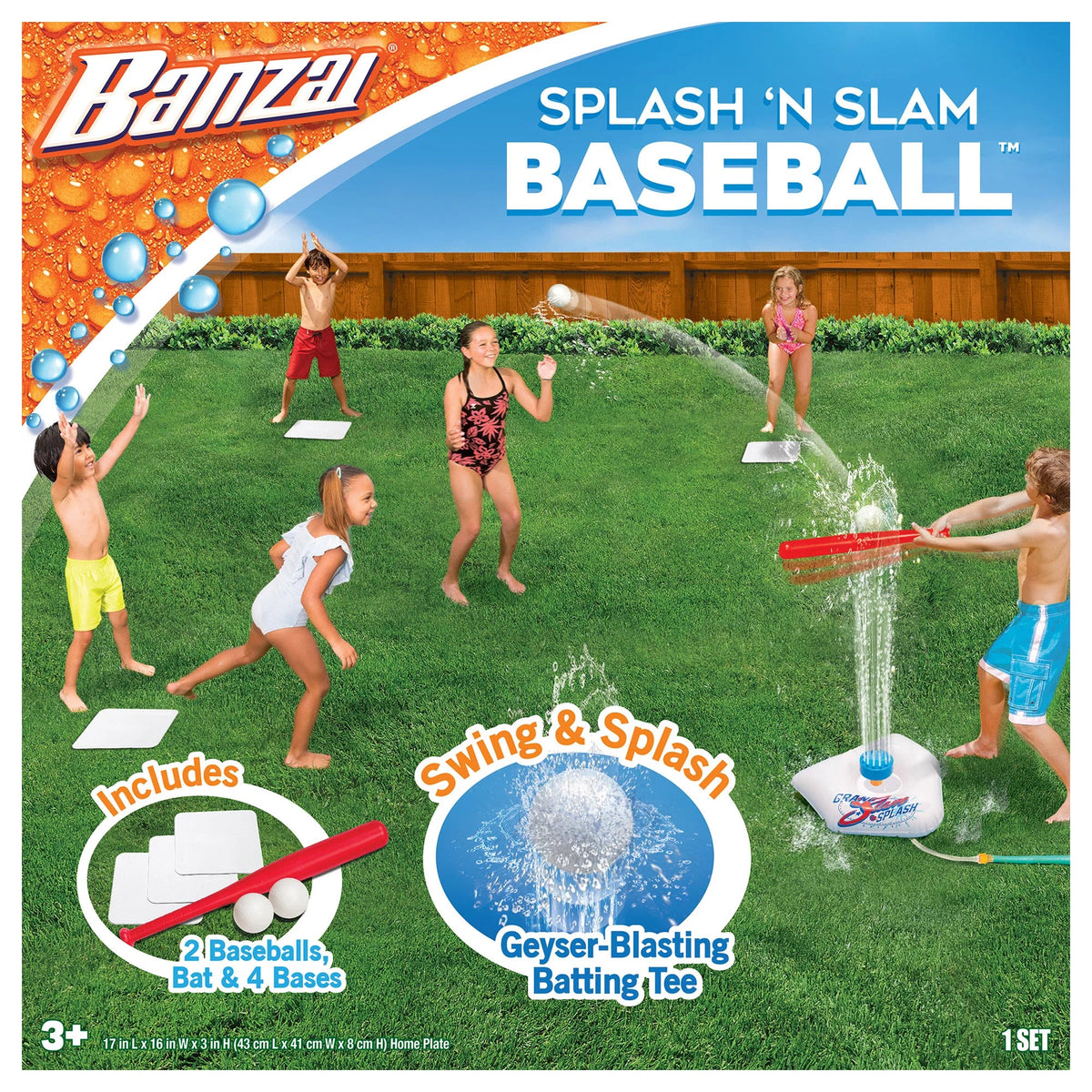 Banzai Splash & Slam Baseball - Tee & Sprinkler Sports Game - Includes Plastic Bat + 2 Plastic Balls + Home Plate & Bases; ; Backyard Batting Practice; Kids Ages 3