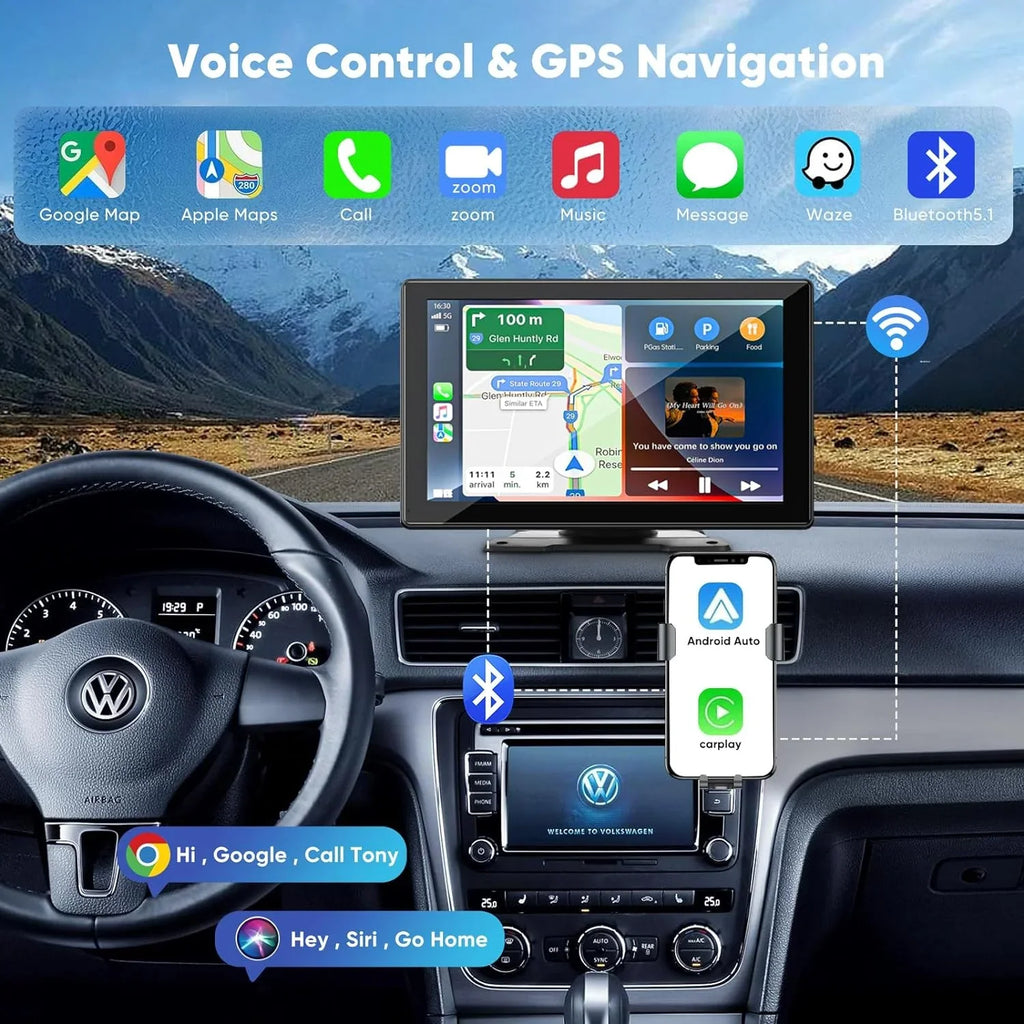 THONZER Portable Wireless Carplay Car Stereo with 2.5K Dash Cam - 9" HD IPS Screen; Android Auto; 1080p Backup Camera; Loop Recording; Bluetooth; GPS Navigation Head Unit; Car Radio Receiver