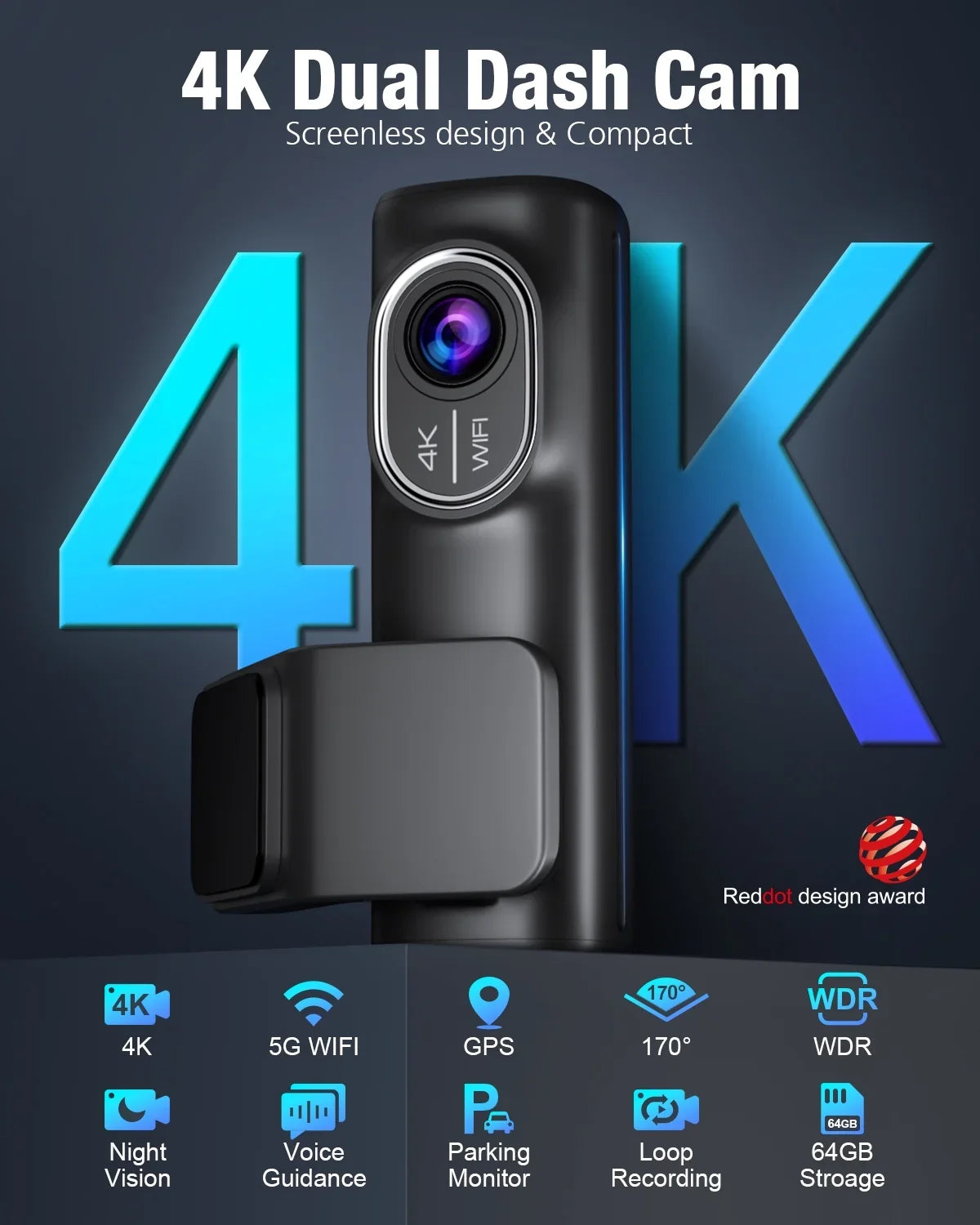 Dual Dash Cam Front and Rear; OMBAR 4K 1080P 5G WiFi & GPS Full HD Car Dashcam with 64G SD Card; WDR Night Vision; 24h Parking Mode; 170°Wide; G-Sensor; Loop Recording; APP