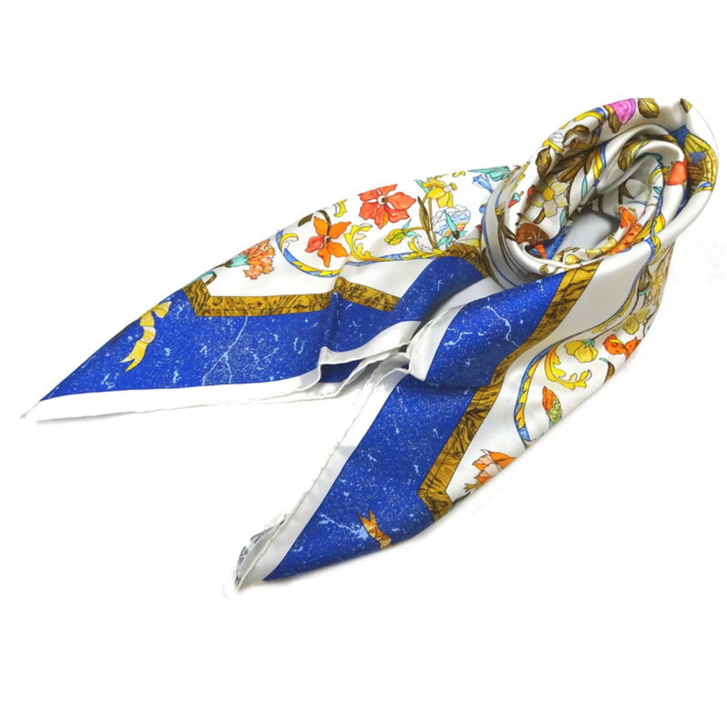 Hermes Carre 90 PIERRES D’ ORIENT ET OCCIDENT Oriental stone and Western stonework Women’s Scarf Muffler 100% Silk White/Blue (Like New)