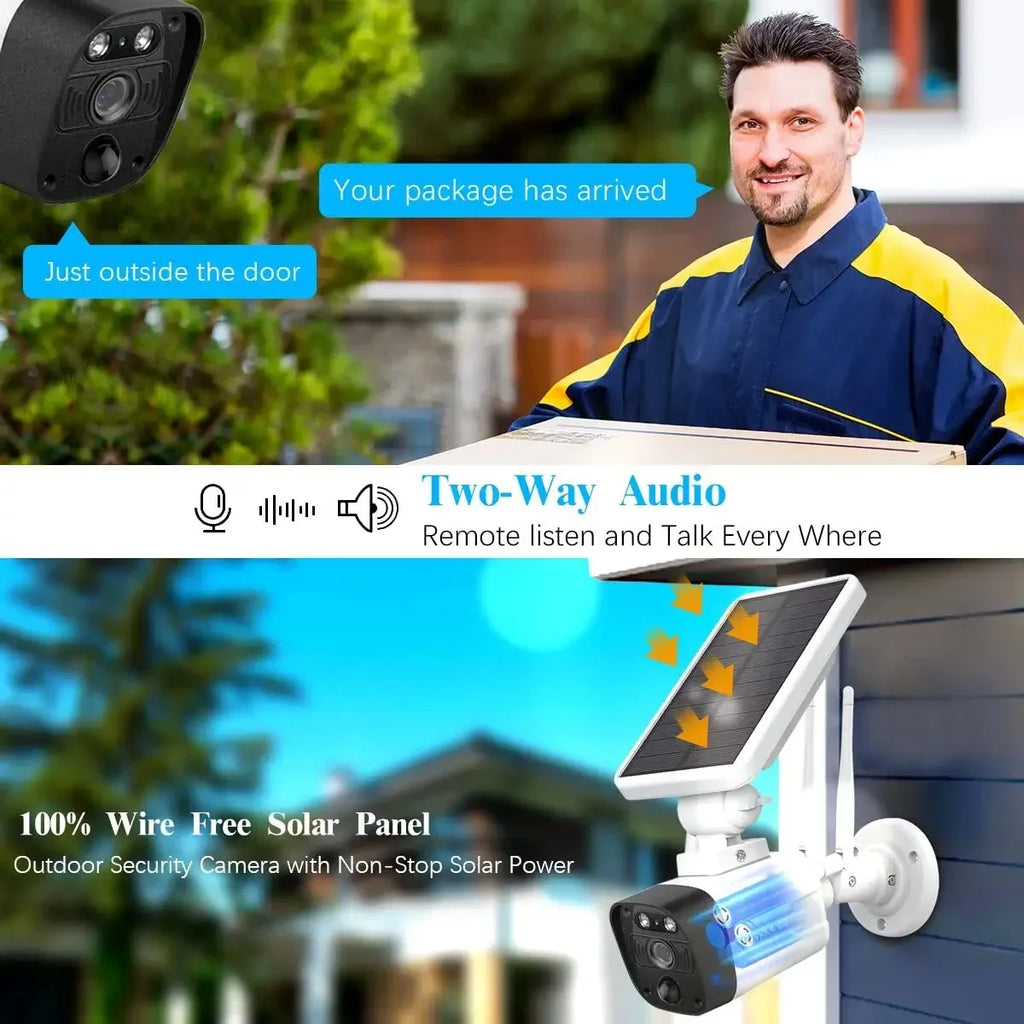 {100% Wire-Free Solar Powered} 2pcs camera system; 2-Way Audio with Dual Antennas; 2K 3.0MP Solar Powered Wireless Camera with Rechargeable Batteries
